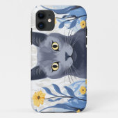 青ロシアの猫黄色の花 Case-Mate iPhoneケース (裏面)