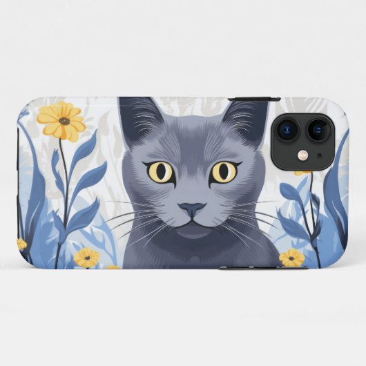 青ロシアの猫黄色の花 Case-Mate iPhoneケース (裏面(横))
