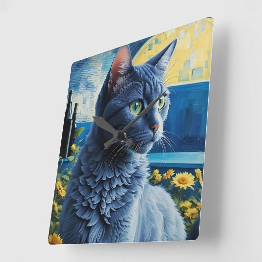 青ロシアの猫 スクエア壁時計 (傾斜)