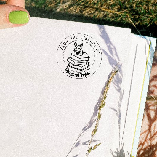 青ロシアの猫、図書館の本 ラバースタンプ