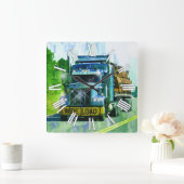 青ワイド荷物貨物トラックの壁時計 スクエア壁時計 (ホーム)