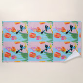 青ワレン鳥ピンクと青の花 ビーチタオル (正面)