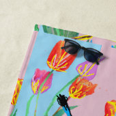 青ワレン鳥ピンクと青の花 ビーチタオル (インサイチュ)