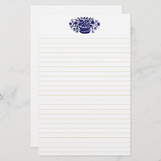 青ヴィンテージの花籠灰色の文房具 便箋 (正面/裏面)