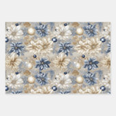 青ヴィンテージインスパイアスクリスマ花模様 ラッピングペーパーシート (正面)