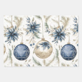 青ヴィンテージインスパイアスクリスマ花模様 ラッピングペーパーシート (正面)