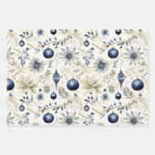 青ヴィンテージインスパイアスクリスマ花模様 ラッピングペーパーシート (正面3)