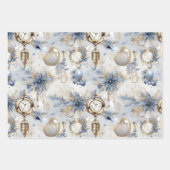 青ヴィンテージインスパイアスクリスマ花模様 ラッピングペーパーシート (正面)