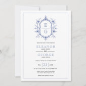 青ヴィンテージフローラのcrestイニシャル結婚の 招待状 (正面)