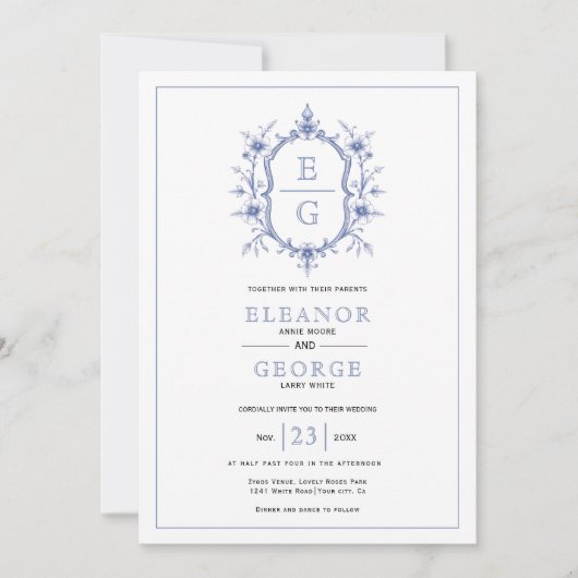 青ヴィンテージフローラのcrestイニシャル結婚の 招待状 (正面)