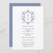 青ヴィンテージフローラのcrestイニシャル結婚の 招待状 (正面/裏面)