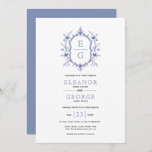 青ヴィンテージフローラのcrestイニシャル結婚の 招待状 (正面/裏面)