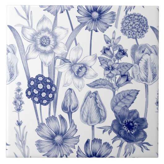 青ヴィンテージフローラタイル模様 タイル (正面)