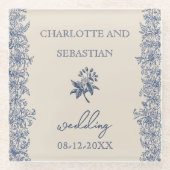 青ヴィンテージ結婚フローラ ガラスコースター (正面)