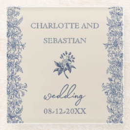 青ヴィンテージ結婚フローラ ガラスコースター