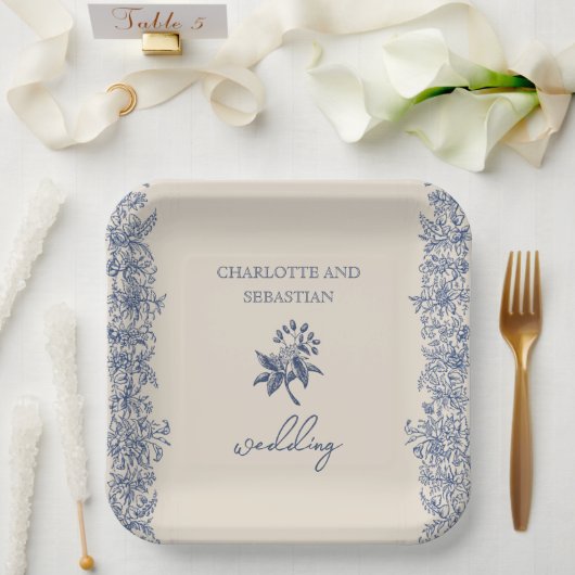 青ヴィンテージ結婚フローラ ペーパープレート (ウェディング)