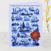 青ヴィンテージ船、帆船レッドワックスシール カード (黄色い花)