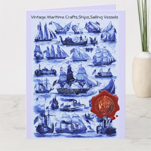 青ヴィンテージ船、帆船レッドワックスシール カード (正面)