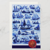 青ヴィンテージ船、帆船レッドワックスシール 便箋 (正面/裏面)