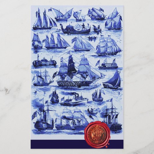 青ヴィンテージ船、帆船レッドワックスシール 便箋 (正面)