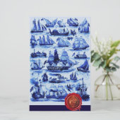 青ヴィンテージ船、帆船レッドワックスシール 便箋 (スタンド正面)