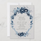 青ヴィンテージ花エレガントフローラブライダルシャワー 招待状 (正面)