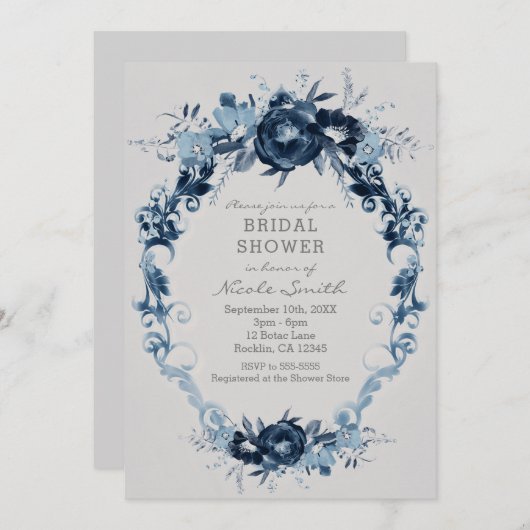 青ヴィンテージ花エレガントフローラブライダルシャワー 招待状 (正面/裏面)
