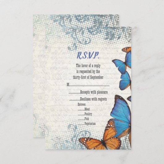 青ヴィンテージ蝶RSVP 出欠カード (正面/裏面)