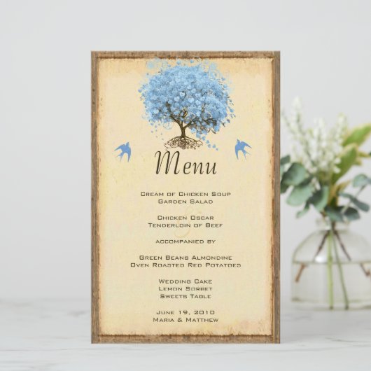 青ヴィンテージ鳥ハート葉の木結婚のメニュー (スタンド正面)