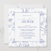 青中国の白ヴィンテージフローラブライダルシャワー 招待状 (正面)