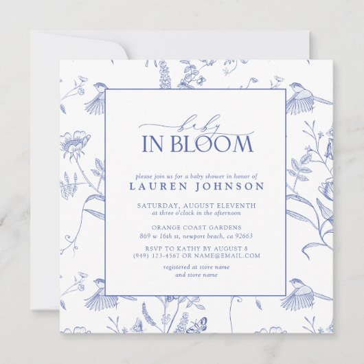 青中国の白ヴィンテージフローラベビーイン開花 招待状 (正面)