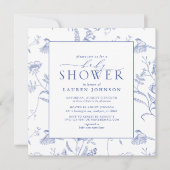 青中国の白ヴィンテージフローラ赤ちゃんシャワー 招待状 (正面)