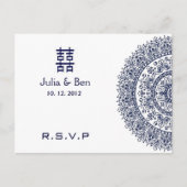 青中国の色白磁二重ハピネスRSVP インビテーションポストカード (正面)