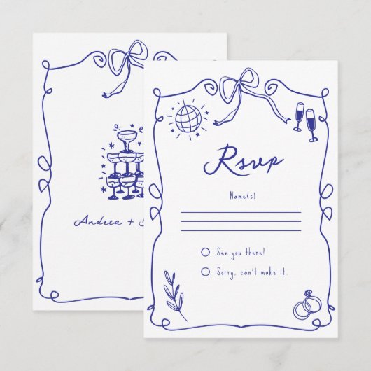 青予測できなお洒落予測できな手描き結婚の 出欠カード (正面/裏面)