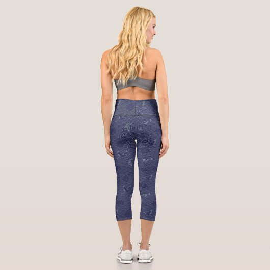 青伝統的波日本の青海波パターン カプリレギンス (裏面)