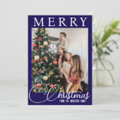 青伝統的白の家族写真クリスマス シーズンカード (スタンド正面)