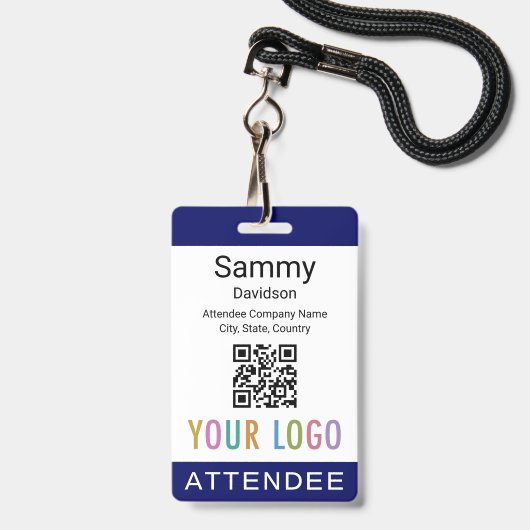 青出席者イベントバッジ会議QRコードロゴ バッジ (正面（ネックストラップ付）)