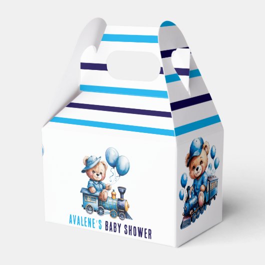 青列車の男の子の赤ちゃんシャワーにテディベア フェイバーボックス (正面サイド)