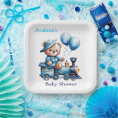青列車の男の子の赤ちゃんシャワーにテディベア ペーパープレート (パーティー)