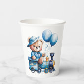 青列車の男の子の赤ちゃんシャワーにテディベア 紙コップ (裏面)