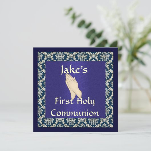 青及びベージュダマスク織の最初聖餐式INVITATIO 招待状 (スタンド正面)