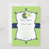 青及びライムの水玉模様象のベビーシャワー 招待状 (正面)