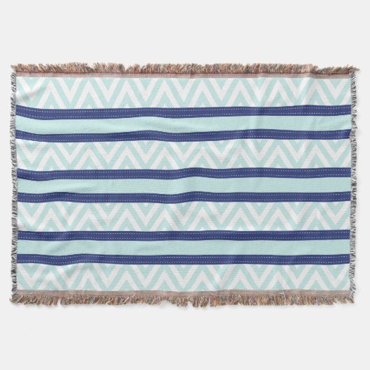 青及び海軍ストライプなシェブロン真新しいパターン スローブランケット (正面)
