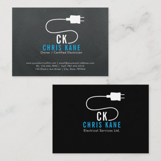青及び灰色の電気技師のロゴのデザインビジネス 名刺 (正面/裏面)