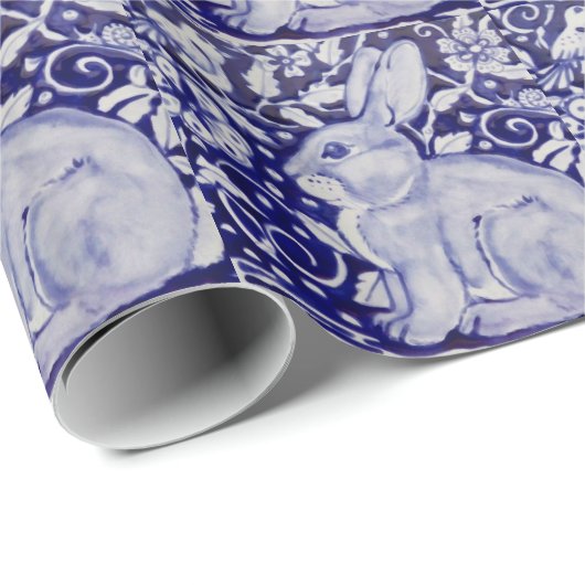 青及び白いウサギのタイルのデザインの包装紙 ラッピングペーパー (ロールコーナー)