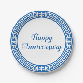 青及び白いギリシャ人の鍵のデザインの紙皿 ペーパープレート