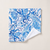 青及び白いペイズリーパターン バスタオルセット (ウォッシュタオル)