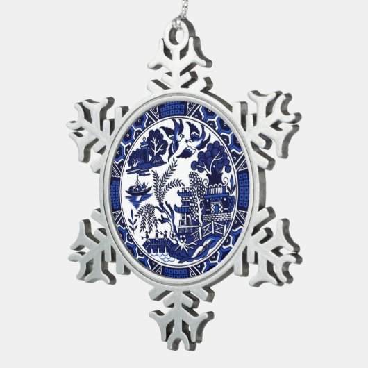 青及び白い中国の青いヤナギのデザイン スノーフレークピューターオーナメント (右)