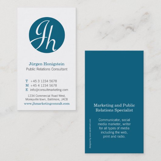 青及び白い円のイニシャルのモダンな名刺 名刺 (正面/裏面)