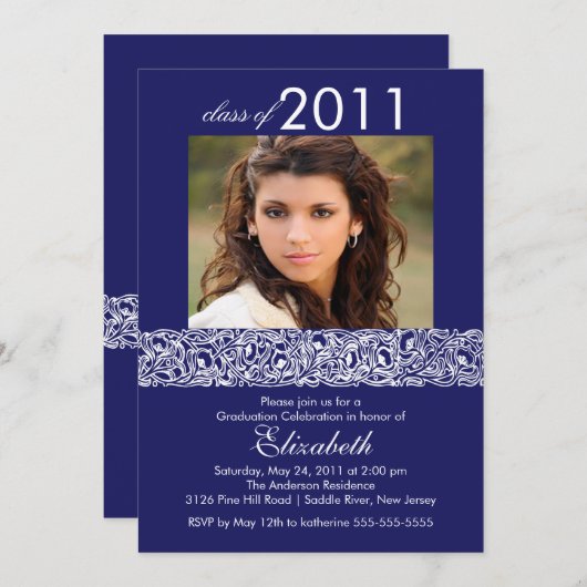 青及び白い写真の卒業の招待状 招待状 (正面/裏面)